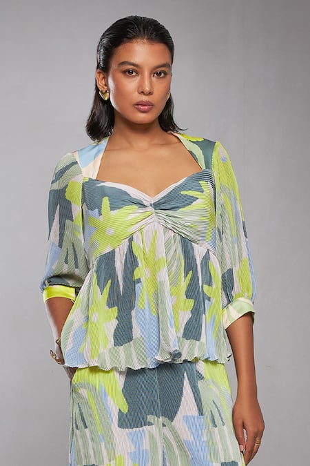 Buy Vedika M Green Satin, Chiffon Sweetheart Neck Abstract Pattern Peplum Top And Pant Set Online at Aza Fashions Buy_Vedika M_Green Satin, Chiffon Sweetheart Neck Abstract Pattern Peplum Top And Pant Set_Online_at_Aza_Fashions