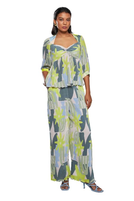 Shop Vedika M Green Satin, Chiffon Sweetheart Neck Abstract Pattern Peplum Top And Pant Set Online at Aza Fashions Shop_Vedika M_Green Satin, Chiffon Sweetheart Neck Abstract Pattern Peplum Top And Pant Set_Online_at_Aza_Fashions