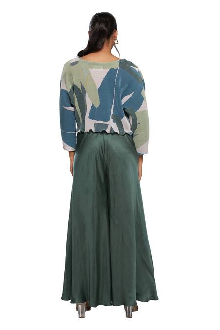 Vedika M_Green Satin Round Neck Abstract Print Top And Pant Set_Online_at_Aza_Fashions