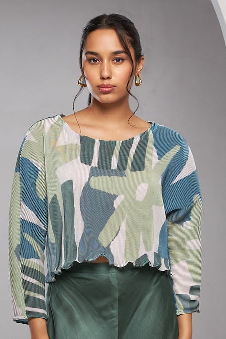 Buy_Vedika M_Green Satin Round Neck Abstract Print Top And Pant Set_Online_at_Aza_Fashions