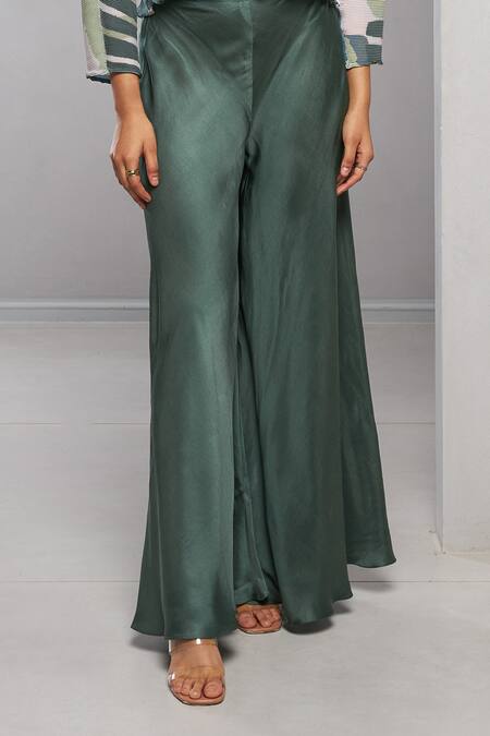 Shop_Vedika M_Green Satin Round Neck Abstract Print Top And Pant Set_Online_at_Aza_Fashions