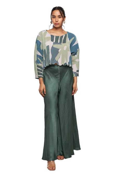 Vedika M_Green Satin Round Neck Abstract Print Top And Pant Set_at_Aza_Fashions