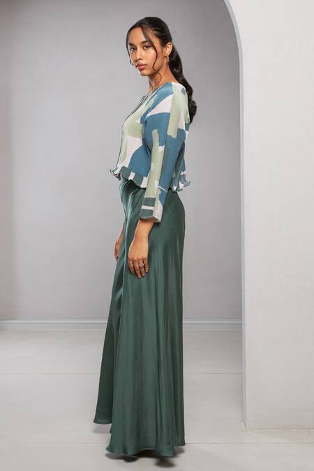Buy_Vedika M_Green Satin Round Neck Abstract Print Top And Pant Set