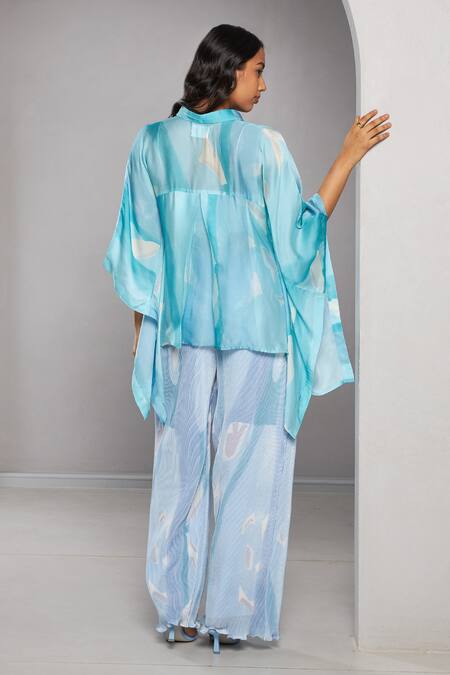 Shop Vedika M Blue Organza, Satin, Chiffon Collared Abstract Print Kaftan And Pant Set at Aza Fashions Shop_Vedika M_Blue Organza, Satin, Chiffon Collared Abstract Print Kaftan And Pant Set_at_Aza_Fashions