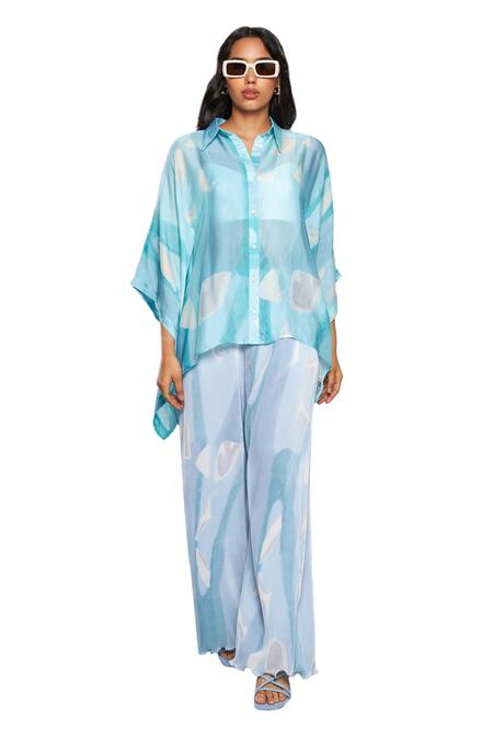 Vedika M Blue Organza, Satin, Chiffon Collared Abstract Print Kaftan And Pant Set Online at Aza Fashions Vedika M_Blue Organza, Satin, Chiffon Collared Abstract Print Kaftan And Pant Set_Online_at_Aza_Fashions