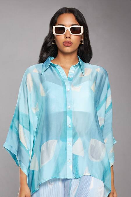 Shop Vedika M Blue Organza, Satin, Chiffon Collared Abstract Print Kaftan And Pant Set Online at Aza Fashions Shop_Vedika M_Blue Organza, Satin, Chiffon Collared Abstract Print Kaftan And Pant Set_Online_at_Aza_Fashions