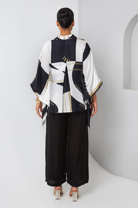 Shop Vedika M Black Satin Collared Abstract Work Kaftan And Pant Set at Aza Fashions Shop_Vedika M_Black Satin Collared Abstract Work Kaftan And Pant Set _at_Aza_Fashions