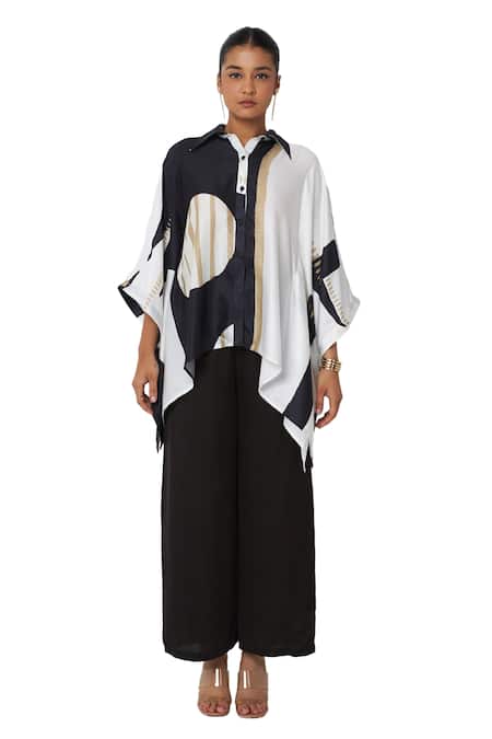 Vedika M Black Satin Collared Abstract Work Kaftan And Pant Set at Aza Fashions Vedika M_Black Satin Collared Abstract Work Kaftan And Pant Set _at_Aza_Fashions