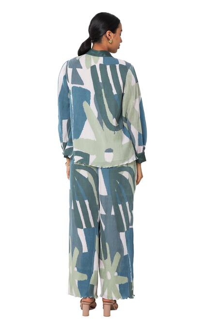 Vedika M_Green Satin, Chiffon Collared Abstract Print Shirt And Pant Set_Online_at_Aza_Fashions
