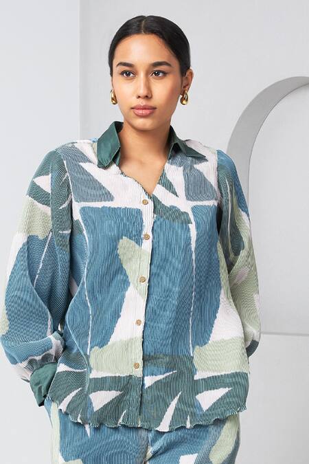 Shop_Vedika M_Green Satin, Chiffon Collared Abstract Print Shirt And Pant Set_Online_at_Aza_Fashions