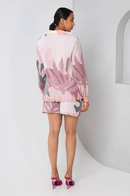 Shop Vedika M Multi Color Satin, Chiffon Collared Floral Abstract Print Shirt And Shorts Set at Aza Fashions Shop_Vedika M_Multi Color Satin, Chiffon Collared Floral Abstract Print Shirt And Shorts Set_at_Aza_Fashions
