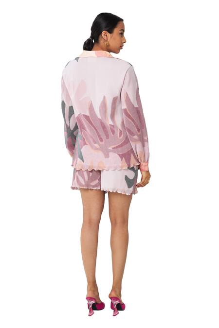 Vedika M Multi Color Satin, Chiffon Collared Floral Abstract Print Shirt And Shorts Set Online at Aza Fashions Vedika M_Multi Color Satin, Chiffon Collared Floral Abstract Print Shirt And Shorts Set_Online_at_Aza_Fashions