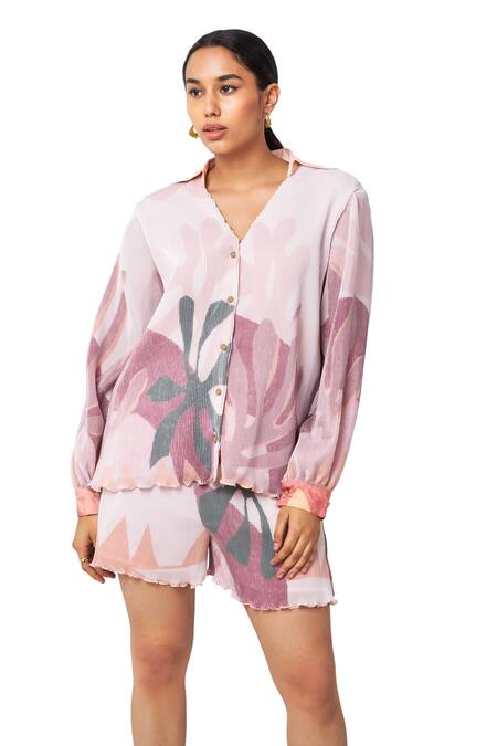 Shop Vedika M Multi Color Satin, Chiffon Collared Floral Abstract Print Shirt And Shorts Set Online at Aza Fashions Shop_Vedika M_Multi Color Satin, Chiffon Collared Floral Abstract Print Shirt And Shorts Set_Online_at_Aza_Fashions