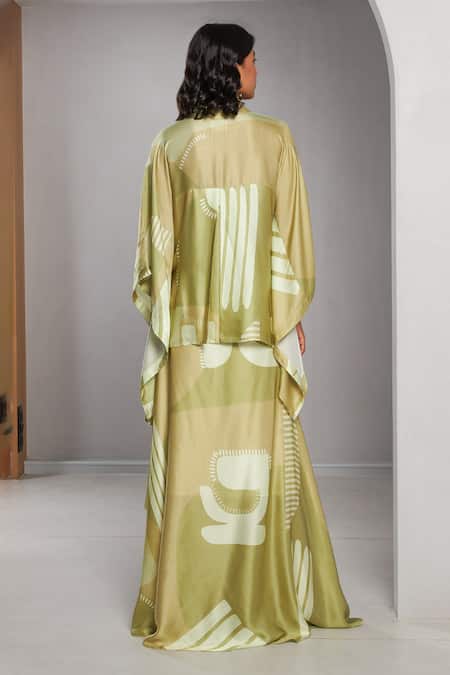 Shop Vedika M Green Satin Collared Abstract Print Kaftan And Draped Skirt Set at Aza Fashions Shop_Vedika M_Green Satin Collared Abstract Print Kaftan And Draped Skirt Set _at_Aza_Fashions