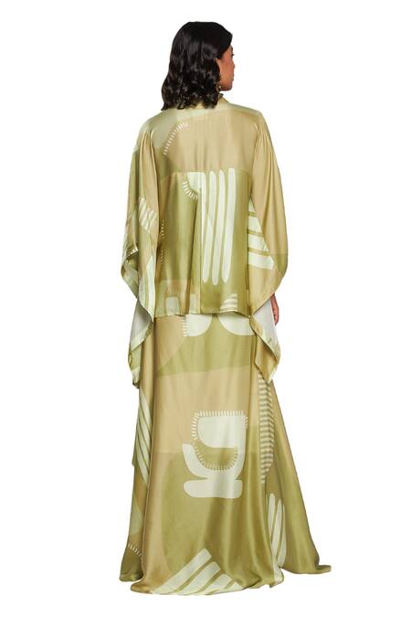 Vedika M Green Satin Collared Abstract Print Kaftan And Draped Skirt Set Online at Aza Fashions Vedika M_Green Satin Collared Abstract Print Kaftan And Draped Skirt Set _Online_at_Aza_Fashions