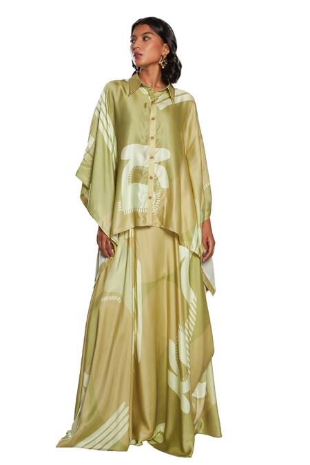 Buy Vedika M Green Satin Collared Abstract Print Kaftan And Draped Skirt Set Online at Aza Fashions Buy_Vedika M_Green Satin Collared Abstract Print Kaftan And Draped Skirt Set _Online_at_Aza_Fashions