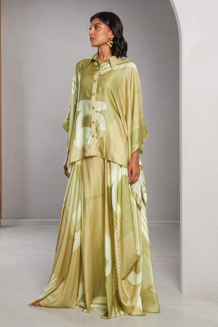 Shop Vedika M Green Satin Collared Abstract Print Kaftan And Draped Skirt Set Online at Aza Fashions Shop_Vedika M_Green Satin Collared Abstract Print Kaftan And Draped Skirt Set _Online_at_Aza_Fashions
