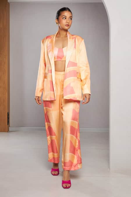 Buy Vedika M Multi Color Satin Scoop Neck Abstract Print Blazer Pant Set Online at Aza Fashions Buy_Vedika M_Multi Color Satin Scoop Neck Abstract Print Blazer Pant Set _Online_at_Aza_Fashions