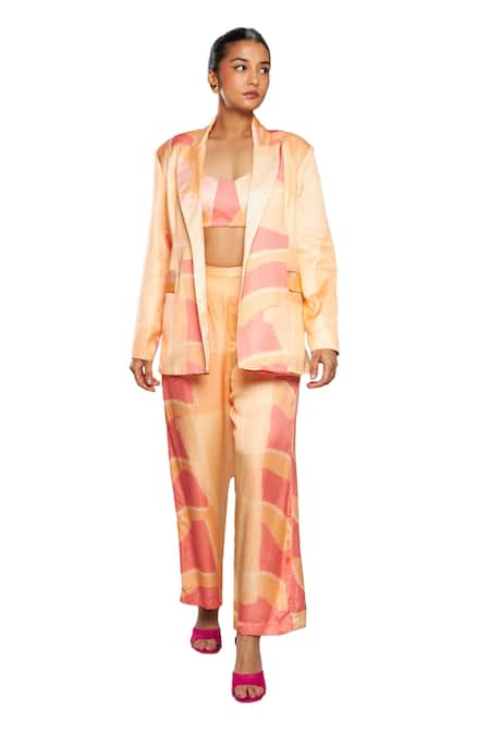 Vedika M Multi Color Satin Scoop Neck Abstract Print Blazer Pant Set at Aza Fashions Vedika M_Multi Color Satin Scoop Neck Abstract Print Blazer Pant Set _at_Aza_Fashions