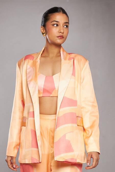 Buy Vedika M Multi Color Satin Scoop Neck Abstract Print Blazer Pant Set Buy_Vedika M_Multi Color Satin Scoop Neck Abstract Print Blazer Pant Set