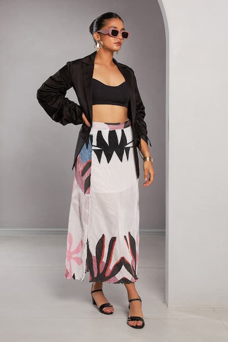 Vedika M Multi Color Satin Chiffon Printed Abstract Lapel Skirt Set With Jacket 