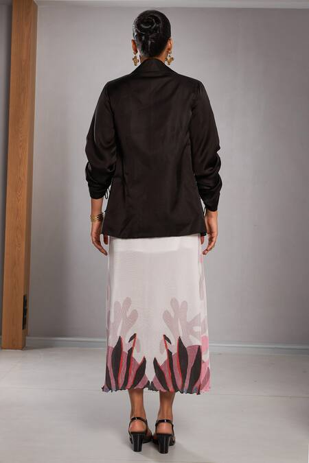 Shop Vedika M Multi Color Chiffon, Satin Collared Abstract Print Skirt Set With Jacket at Aza Fashions Shop_Vedika M_Multi Color Chiffon, Satin Collared Abstract Print Skirt Set With Jacket_at_Aza_Fashions