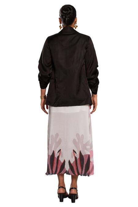 Vedika M Multi Color Chiffon, Satin Collared Abstract Print Skirt Set With Jacket Online at Aza Fashions Vedika M_Multi Color Chiffon, Satin Collared Abstract Print Skirt Set With Jacket_Online_at_Aza_Fashions