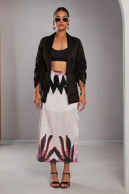 Buy Vedika M Multi Color Chiffon, Satin Collared Abstract Print Skirt Set With Jacket Online at Aza Fashions Buy_Vedika M_Multi Color Chiffon, Satin Collared Abstract Print Skirt Set With Jacket_Online_at_Aza_Fashions