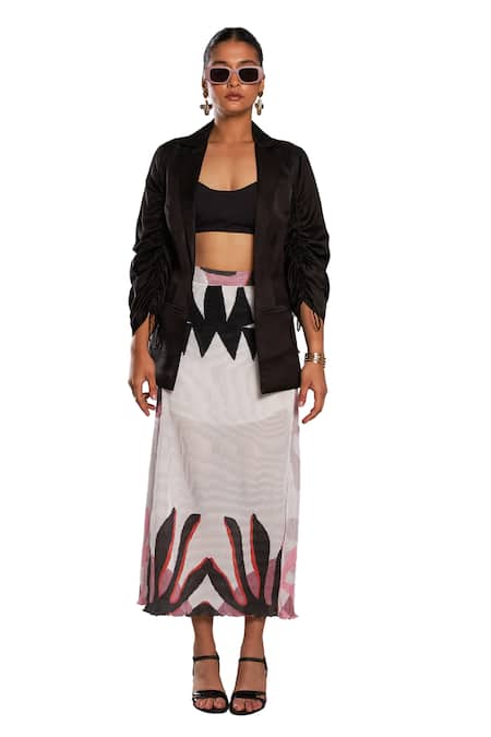 Shop Vedika M Multi Color Chiffon, Satin Collared Abstract Print Skirt Set With Jacket Online at Aza Fashions Shop_Vedika M_Multi Color Chiffon, Satin Collared Abstract Print Skirt Set With Jacket_Online_at_Aza_Fashions