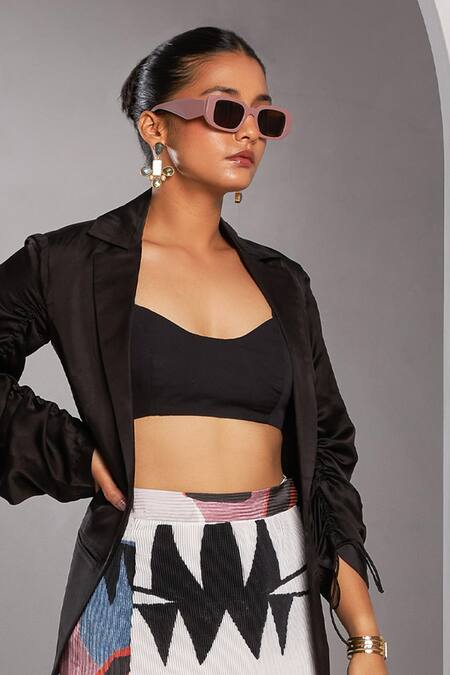 Vedika M Multi Color Chiffon, Satin Collared Abstract Print Skirt Set With Jacket at Aza Fashions Vedika M_Multi Color Chiffon, Satin Collared Abstract Print Skirt Set With Jacket_at_Aza_Fashions