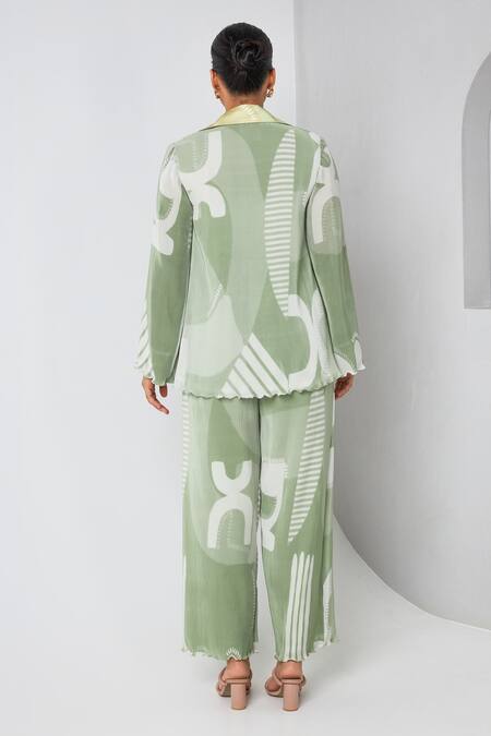 Shop Vedika M Green Satin, Chiffon Collared Abstract Pattern Blazer Pant Set at Aza Fashions Shop_Vedika M_Green Satin, Chiffon Collared Abstract Pattern Blazer Pant Set_at_Aza_Fashions