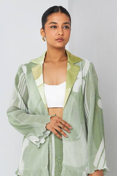 Buy Vedika M Green Satin, Chiffon Collared Abstract Pattern Blazer Pant Set Online at Aza Fashions Buy_Vedika M_Green Satin, Chiffon Collared Abstract Pattern Blazer Pant Set_Online_at_Aza_Fashions
