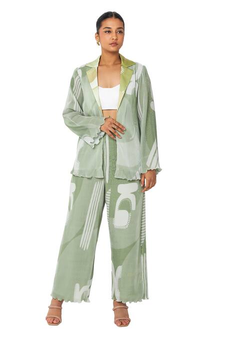 Shop Vedika M Green Satin, Chiffon Collared Abstract Pattern Blazer Pant Set Online at Aza Fashions Shop_Vedika M_Green Satin, Chiffon Collared Abstract Pattern Blazer Pant Set_Online_at_Aza_Fashions