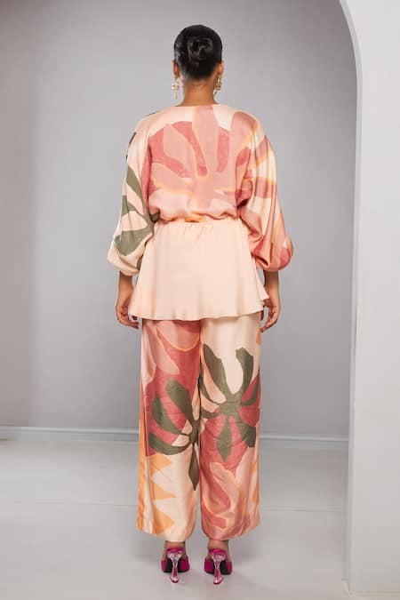 Shop Vedika M Multi Color Satin V-neck Floral Abstract Print Peplum Top And Pant Set at Aza Fashions Shop_Vedika M_Multi Color Satin V-neck Floral Abstract Print Peplum Top And Pant Set _at_Aza_Fashions