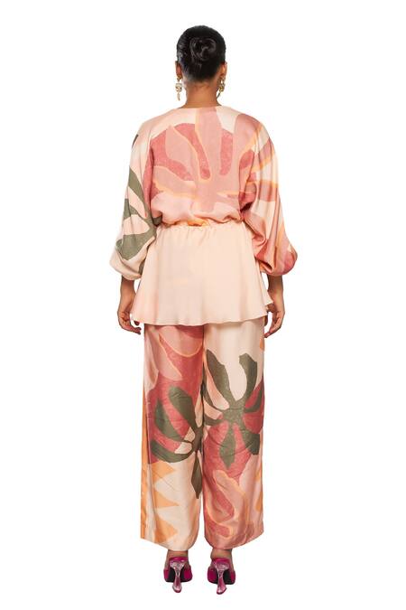 Vedika M Multi Color Satin V-neck Floral Abstract Print Peplum Top And Pant Set Online at Aza Fashions Vedika M_Multi Color Satin V-neck Floral Abstract Print Peplum Top And Pant Set _Online_at_Aza_Fashions