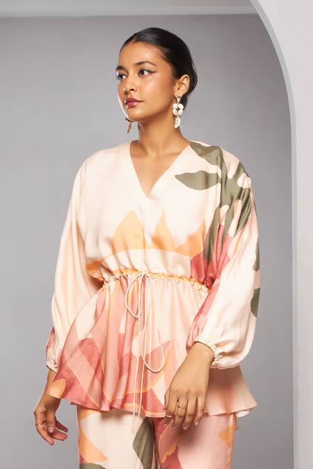 Buy Vedika M Multi Color Satin V-neck Floral Abstract Print Peplum Top And Pant Set Online at Aza Fashions Buy_Vedika M_Multi Color Satin V-neck Floral Abstract Print Peplum Top And Pant Set _Online_at_Aza_Fashions