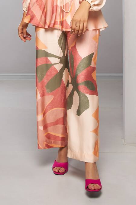Shop Vedika M Multi Color Satin V-neck Floral Abstract Print Peplum Top And Pant Set Online at Aza Fashions Shop_Vedika M_Multi Color Satin V-neck Floral Abstract Print Peplum Top And Pant Set _Online_at_Aza_Fashions