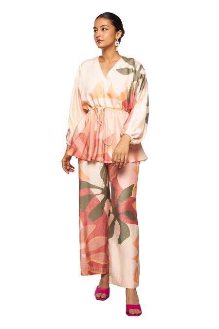 Vedika M Multi Color Satin V-neck Floral Abstract Print Peplum Top And Pant Set at Aza Fashions Vedika M_Multi Color Satin V-neck Floral Abstract Print Peplum Top And Pant Set _at_Aza_Fashions