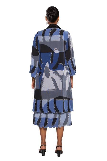 Vedika M_Blue Satin, Chiffon Round Neck Abstract Print Jacket With Dress_Online_at_Aza_Fashions