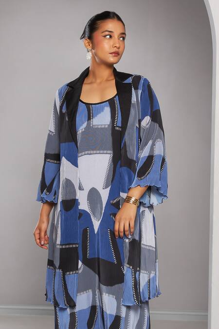 Buy_Vedika M_Blue Satin, Chiffon Round Neck Abstract Print Jacket With Dress_Online_at_Aza_Fashions