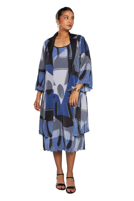 Shop_Vedika M_Blue Satin, Chiffon Round Neck Abstract Print Jacket With Dress_Online_at_Aza_Fashions