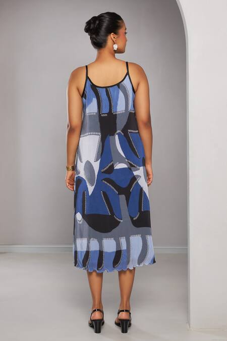 Vedika M_Blue Satin, Chiffon Round Neck Abstract Print Jacket With Dress_at_Aza_Fashions