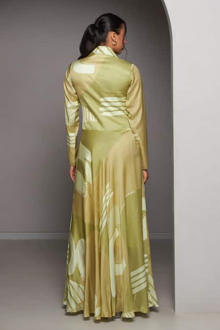 Shop Vedika M Green Satin Collared Abstract Print Fit And Dress at Aza Fashions Shop_Vedika M_Green Satin Collared Abstract Print Fit And Dress _at_Aza_Fashions