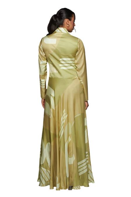 Vedika M Green Satin Collared Abstract Print Fit And Dress Online at Aza Fashions Vedika M_Green Satin Collared Abstract Print Fit And Dress _Online_at_Aza_Fashions