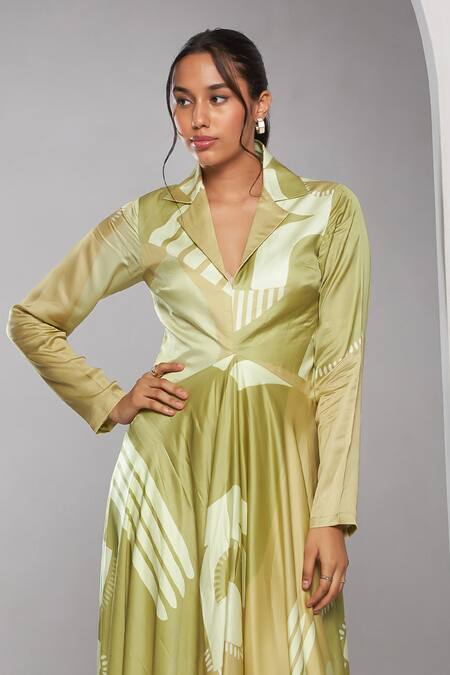 Buy Vedika M Green Satin Collared Abstract Print Fit And Dress Online at Aza Fashions Buy_Vedika M_Green Satin Collared Abstract Print Fit And Dress _Online_at_Aza_Fashions