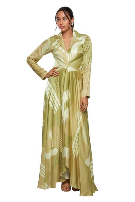 Shop Vedika M Green Satin Collared Abstract Print Fit And Dress Online at Aza Fashions Shop_Vedika M_Green Satin Collared Abstract Print Fit And Dress _Online_at_Aza_Fashions