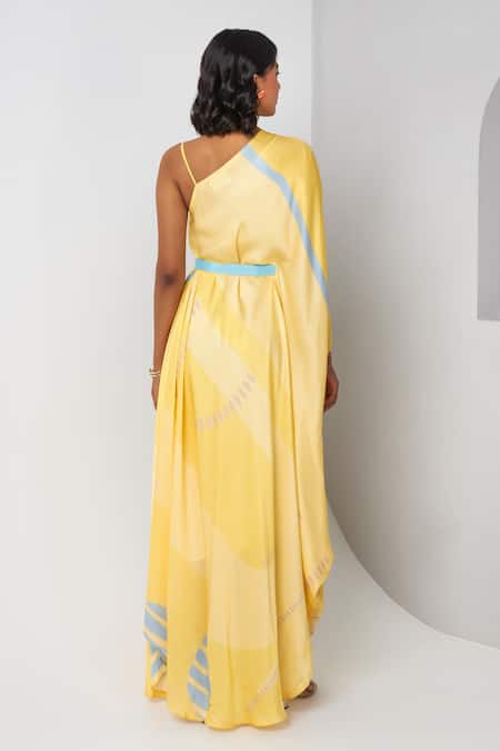 Shop Vedika M Yellow Satin One Shoulder Asymmetric Printed Maxi Dress at Aza Fashions Shop_Vedika M_Yellow Satin One Shoulder Asymmetric Printed Maxi Dress _at_Aza_Fashions