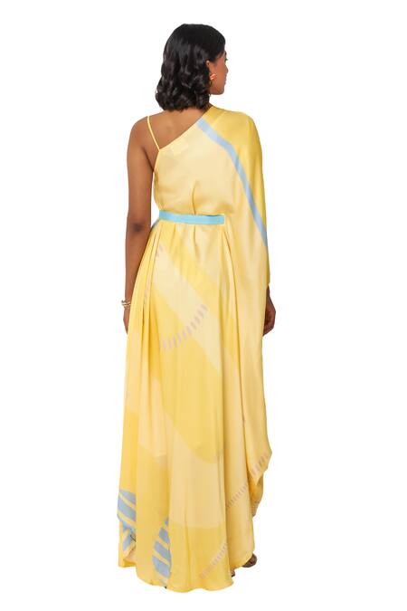 Vedika M Yellow Satin One Shoulder Asymmetric Printed Maxi Dress Online at Aza Fashions Vedika M_Yellow Satin One Shoulder Asymmetric Printed Maxi Dress _Online_at_Aza_Fashions