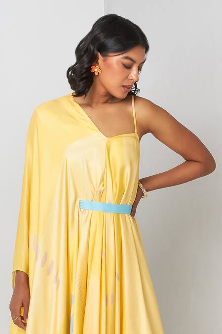 Buy Vedika M Yellow Satin One Shoulder Asymmetric Printed Maxi Dress Online at Aza Fashions Buy_Vedika M_Yellow Satin One Shoulder Asymmetric Printed Maxi Dress _Online_at_Aza_Fashions