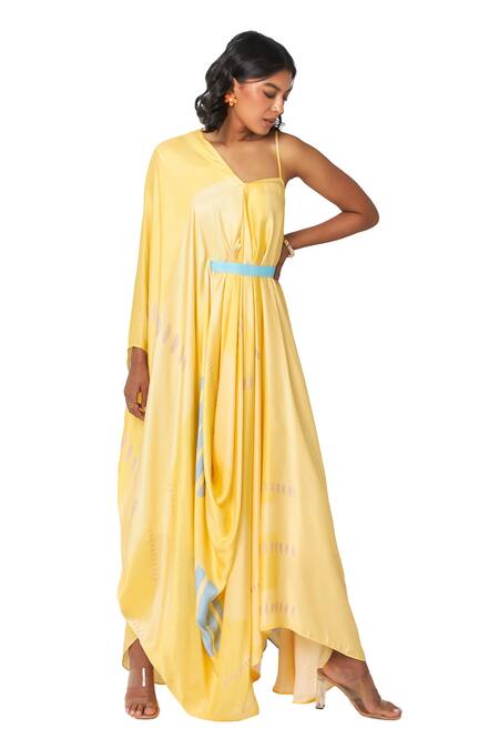 Shop Vedika M Yellow Satin One Shoulder Asymmetric Printed Maxi Dress Online at Aza Fashions Shop_Vedika M_Yellow Satin One Shoulder Asymmetric Printed Maxi Dress _Online_at_Aza_Fashions